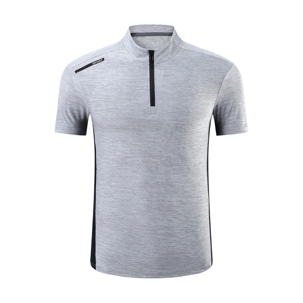 Athletic breathable fit zip high collar t-shirt in gray, featuring quick dry fabric for sporty men, model SF2158